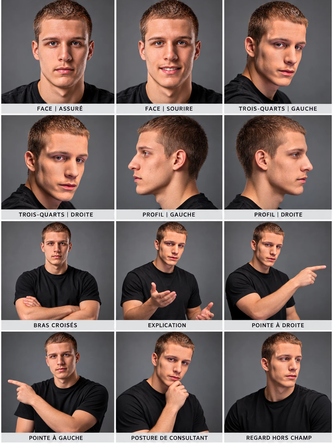 Planche du même client avec différentes expressions, orientations et positions des bras, générée avec l’IA