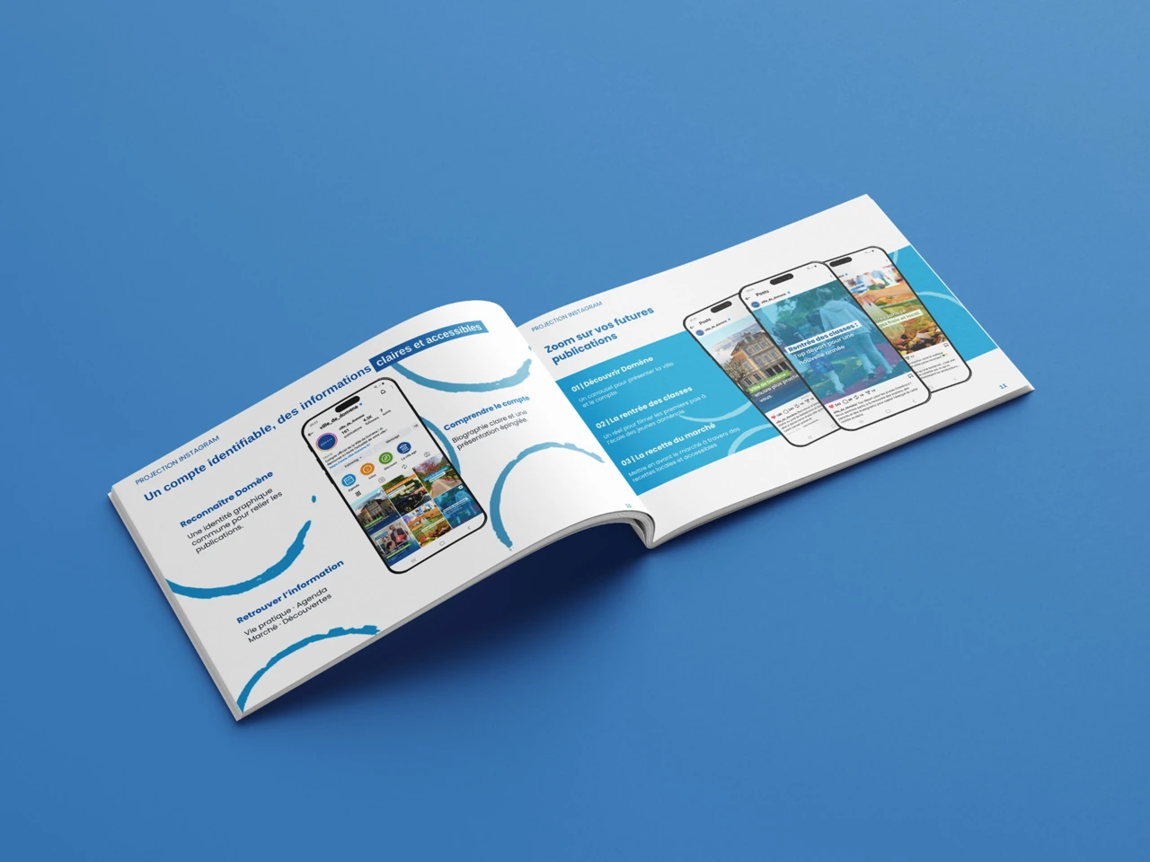Dossier de stratégie de communication pour une mairie, présenté dans une brochure ouverte